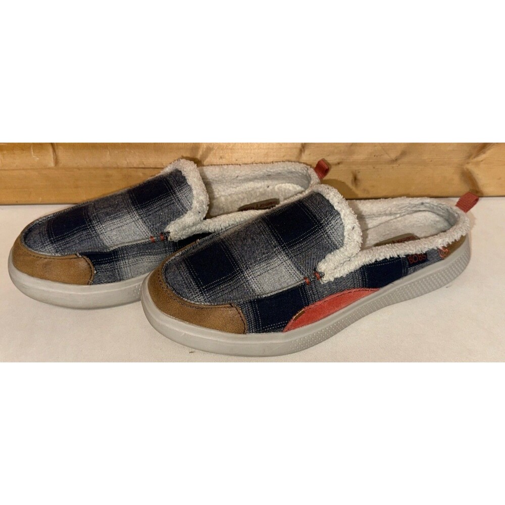 Skechers BOBS Plaid Gray Memory Foam Faux Fur Lined Women's Moccasin Slippers 9
